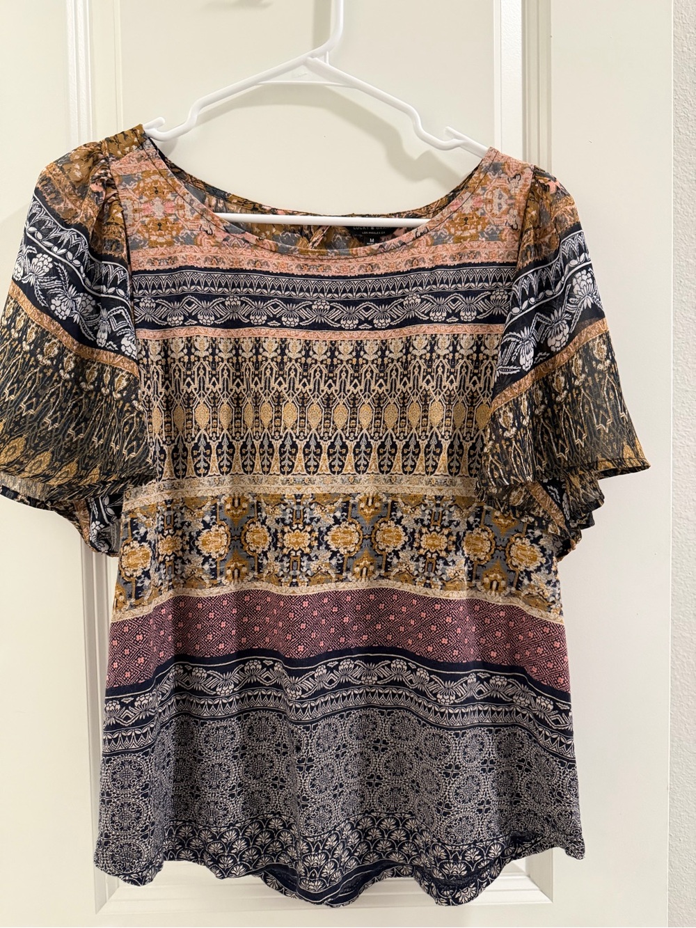 Lucky Brand Mixed Print Flutter Sleeve Top in Mustard, Navy, Pink